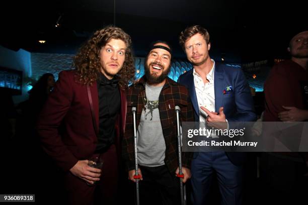 Blake Anderson, Chris Pontius and Anders Holm attend the premiere of the Netflix film "Game Over, Man!" at the Regency Village Westwood in Los...