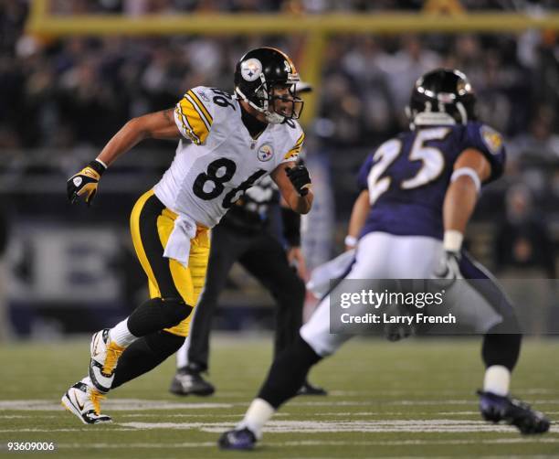 Hines Ward of the Pittsburgh Steelers runs downfield against the Baltimore Ravens at M&T Bank Stadium on November 29, 2009 in Baltimore, Maryland....