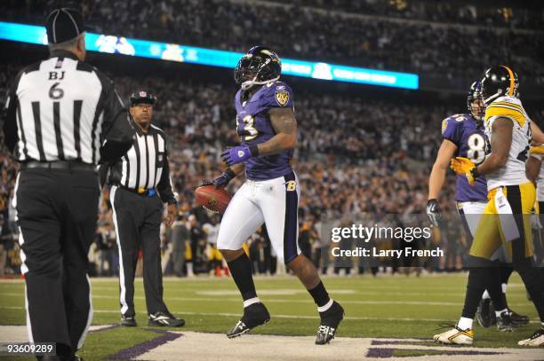 Willis McGahee of the Baltimore Ravens celebrates a first quarter touchdown against the Pittsburgh Steelers at M&T Bank Stadium on November 29, 2009...