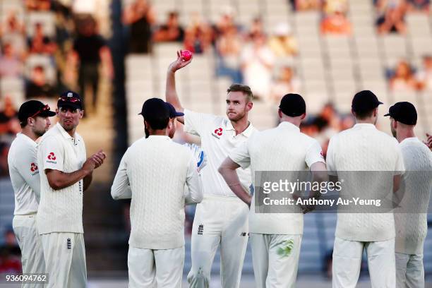 Stuart Broad of England acknowledges the crowd as he claims his 400th test wicket in Tom Latham of New Zealand during day one of the First Test match...