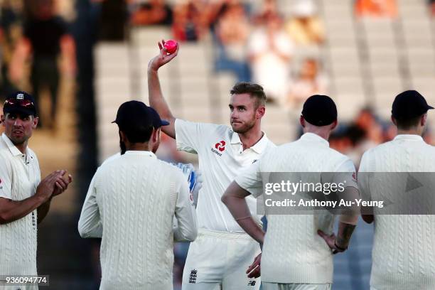 Stuart Broad of England acknowledges the crowd as he claims his 400th test wicket in Tom Latham of New Zealand during day one of the First Test match...