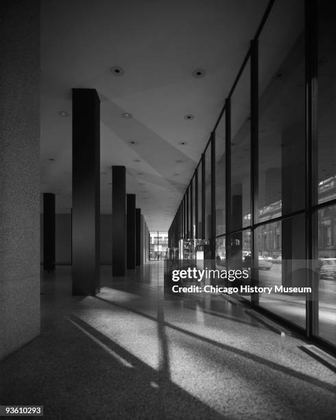 Views of Dirksen Federal Building of the Chicago Federal Center upon completion, showing the interior lobby with view of street, Chicago, IL,...