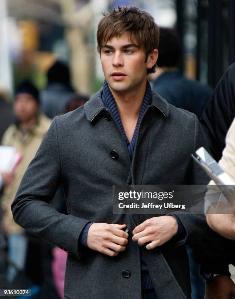 Actor Chace Crawford filming on location for "Gossip Girl" on the streets of Manhattan on December 2, 2009 in New York City.