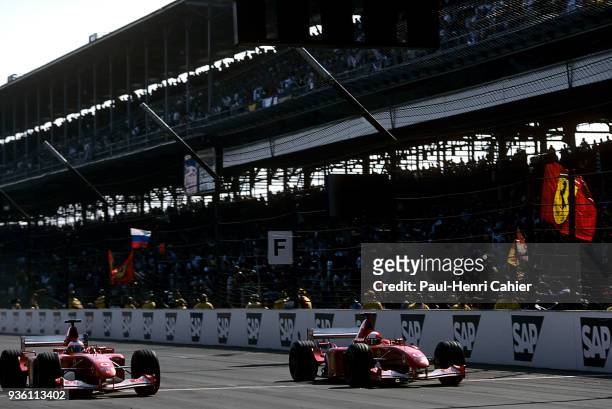 Michael Schumacher, Rubens Barrichello, Ferrari F2002, Grand Prix of the United States, Indianapolis Motor Speedway, 29 September 2002. Finish of the...