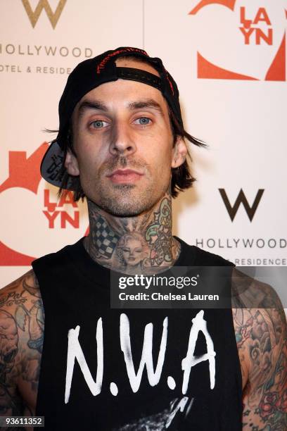 Drummer Travis Barker of Blink 182 arrives at the Los Angeles Youth Network benefit concerts at Avalon on November 22, 2009 in Hollywood, California.