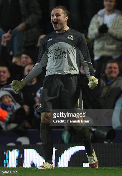 Paul Robinson of Blackburn Rovers celebrates after saving a penalty from Gael Kakuta of Chelsea to secure victory for his team in a penalty shootout...