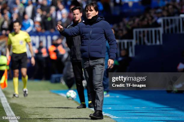 Head coach Vincenzo Montella of Sevilla gestures during the La Liga match between Leganes and Sevilla at Estadio Municipal de Butarque on March 18,...