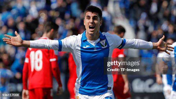 Unai Bustinza of Leganes celebrates after scoring his team`s first goal during the La Liga match between Leganes and Sevilla at Estadio Municipal de...