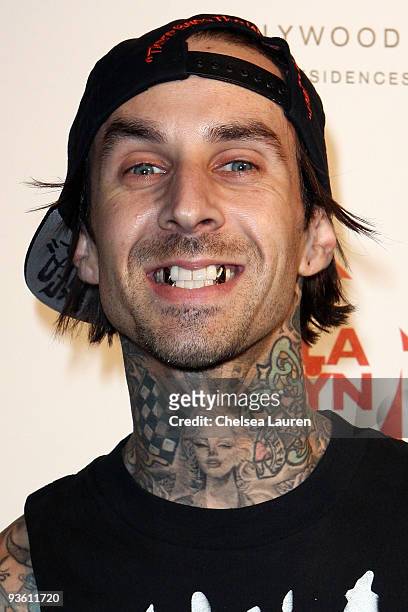 Drummer Travis Barker of Blink 182 arrives at the Los Angeles Youth Network benefit concerts at Avalon on November 22, 2009 in Hollywood, California.
