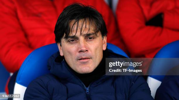 Head coach Vincenzo Montella of Sevilla looks on prior to the La Liga match between Leganes and Sevilla at Estadio Municipal de Butarque on March 18,...