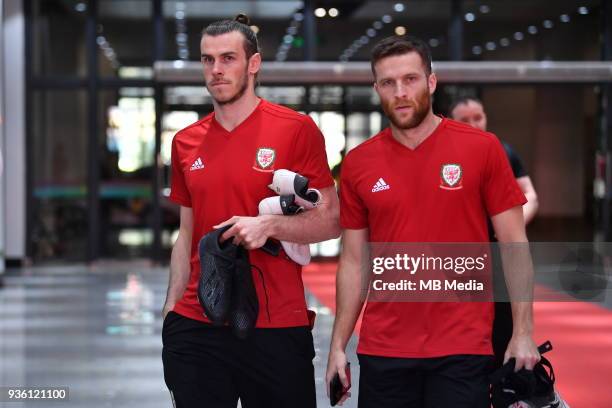 Gareth Bale and Adam Matthews of Wales national football team are pictured in a training session before the semi-final match against China during the...