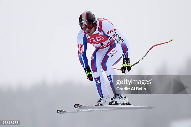 David Poisson of France jumps during the Men's Alpine World Cup downhill training on the Birds of Prey course on December 2, 2009 in Beaver Creek,...