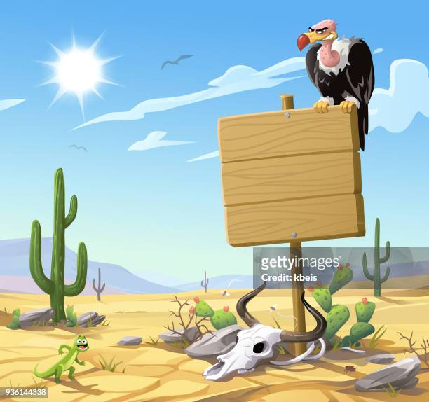 ilustraciones, imágenes clip art, dibujos animados e iconos de stock de buitre sentado en un letrero de madera en el desierto - sediento