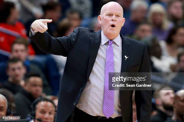Head coach Steve Clifford of the Charlotte Hornets reacts to a call during the second half of a NBA game against the New Orleans Pelicans at the...