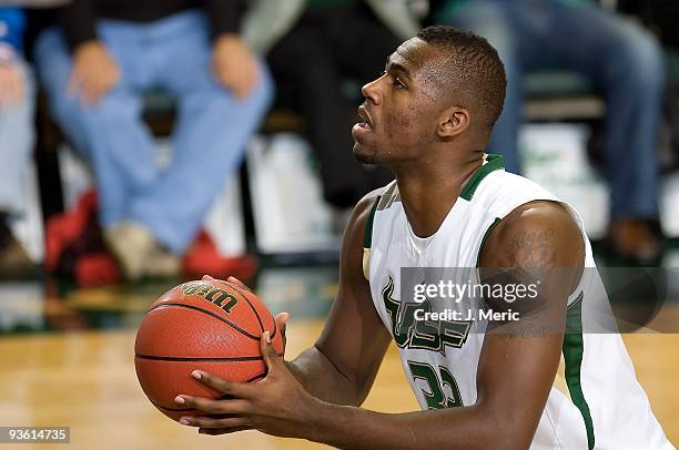 Toarlyn Fitzpatrick of the South Florida Bulls shoots a foul shot against the Florida Atlantic Owls during the game at the SunDome on November 27,...