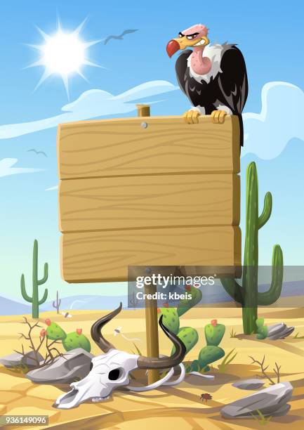 vulture sitting on a sign in the desert - arid climate stock illustrations stock illustrations