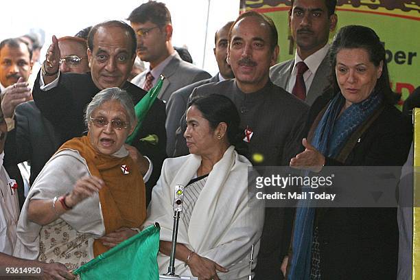 Chairperson Sonia Gandhi , Health Minister Ghulam Nabi Azad , Railways Minister Mamata Banerjee and Delhi Chief Minister Sheila Dikshit flagging off...