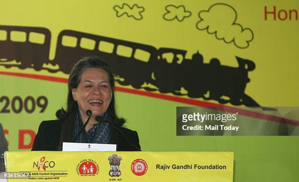 Chairperson Sonia Gandhi speaks during the flagging off ceremony of the Red Ribbon express, a train that will travel across the country to spread...