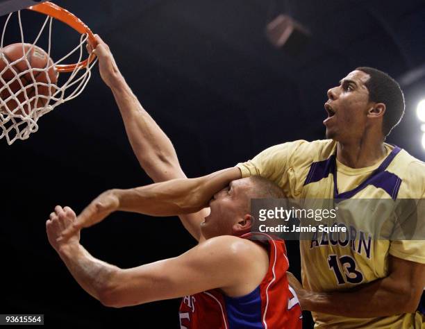 JaMarkus Holt of the Alcorn State Braves tries to block a shot by Cole Aldrich of the Kansas Jayhawks during the game on December 2, 2009 at Allen...