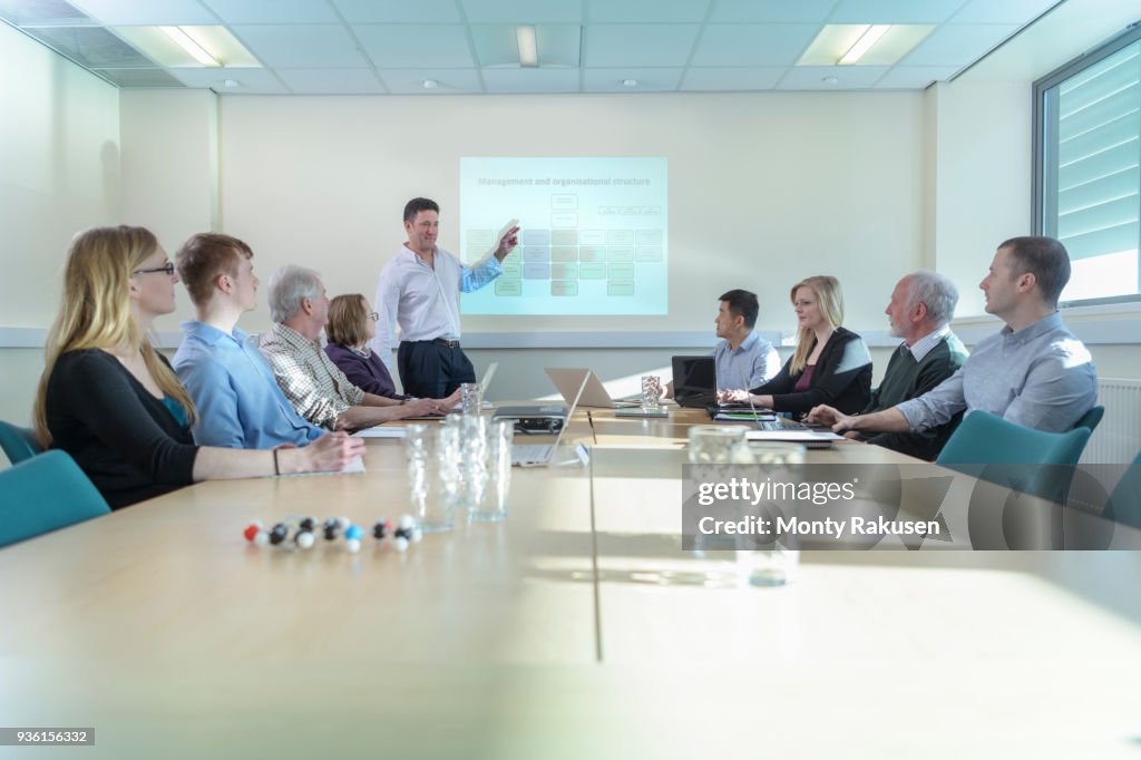 Scientists discussing pharmaceutical project in meeting room