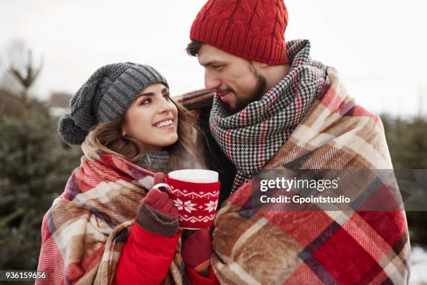 romantic young couple wrapped in blanket while shopping for christmas tree from forest - wrapped in a blanket stock pictures, royalty-free photos & images