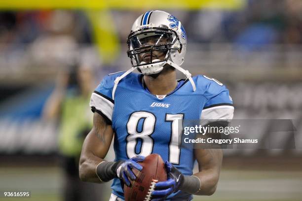 Calvin Johnson of the Detroit Lions looks on during the game against the Green Bay Packers on November 26, 2009 at Ford Field in Detroit, Michigan....