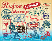 Retro post stamp. Passport Stamps. Stylization stamps summer vacation