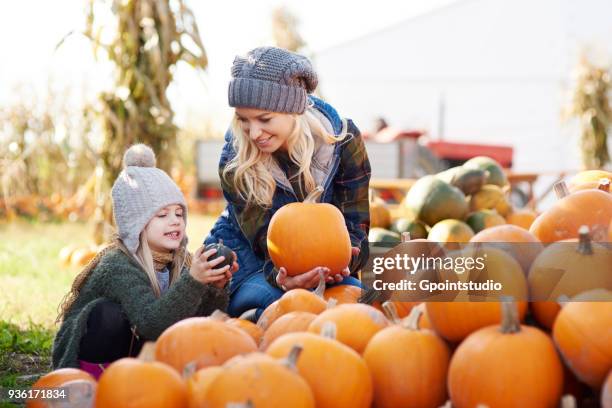 young woman and daughter selecting pumpkin from stack at pumpkin patch - pumpkin patch stock pictures, royalty-free photos & images