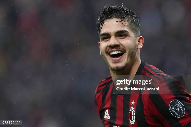 Andre Silva of AC Milan celebrates after scoring the third goal of his team during the serie A match between AC Milan and AC Chievo Verona at Stadio...