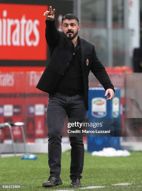 Milan coach Gennaro Gattuso gestures during the serie A match between AC Milan and AC Chievo Verona at Stadio Giuseppe Meazza on March 18, 2018 in...