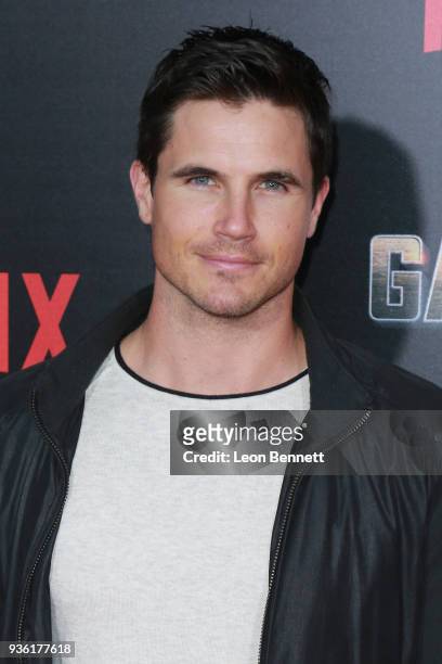 Actor Robbie Amell attends the Premiere Of Netflix's "Game Over, Man!" at Regency Village Theatre on March 21, 2018 in Westwood, California.