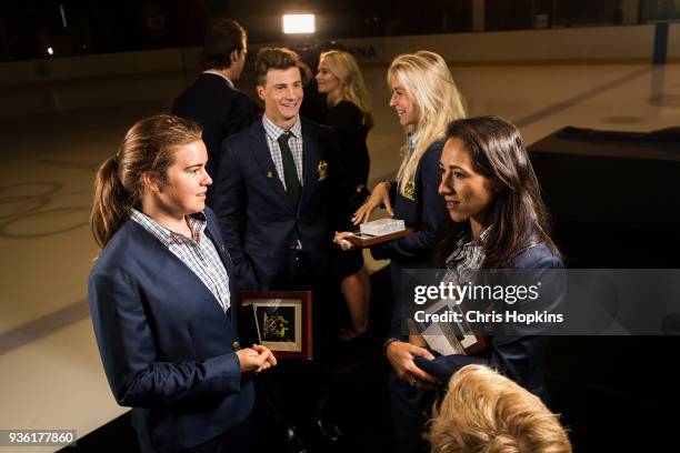 Britt Cox, Matt Graham, Lydia Lassila and Danielle Scott are seen mingling after Australian Winter Olympic athletes are presented at the official...