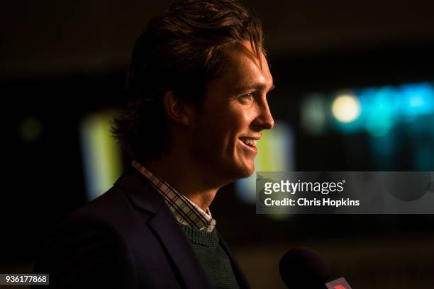 Australian Winter Olympic athlete Scott James speaks to the media after the Olympic team were presented at the official welcome home ceremony at...