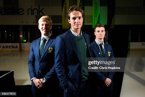 Australian Winter Olympic athletes Jarryd Hughes, Scott James and Matt Graham pose for a portrait after athletes were presented at the official...