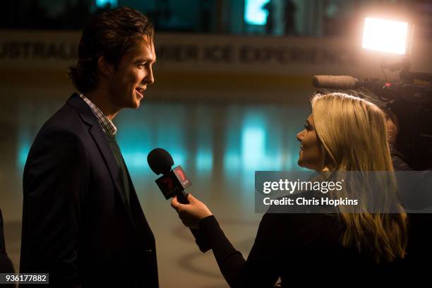 Australian Winter Olympic athlete Scott James speaks to the media after the Olympic team were presented at the official welcome home ceremony at...