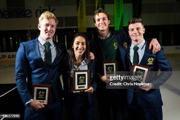 Australian Winter Olympic athletes Jarryd Hughes, Lydia Lassila, Scott James and Matt Graham pose for a portrait after athletes were presented at the...