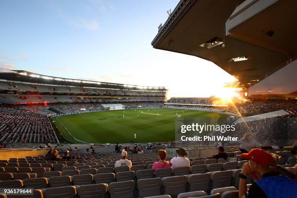 General view of Eden Park as the sun setw during day one of the First Test match between New Zealand and England at Eden Park on March 22, 2018 in...