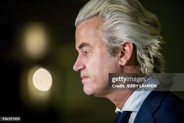 Party for Freedom leader Geert Wilders looks on during a press conference after local elections in the Hague on March 21, 2018. More than 12 million...