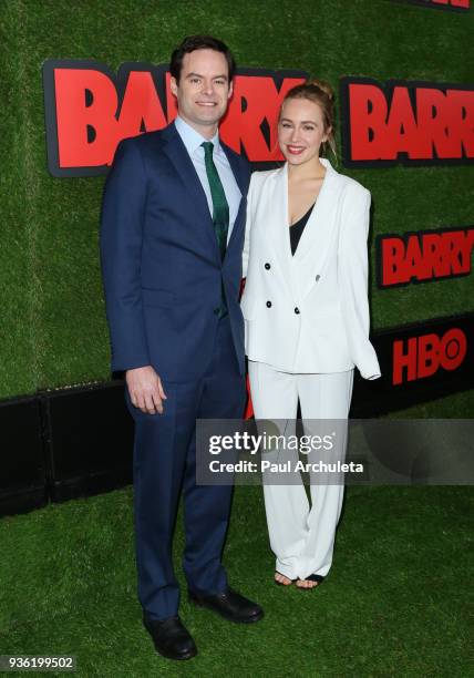 Actors Bill Hader and Sarah Goldberg attend the premiere of HBO's "Barry" at NeueHouse Hollywood on March 21, 2018 in Los Angeles, California.