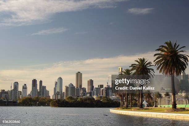 The Melbourne city skyline is pictured from Albert Park lake during the Supercars Australian Grand Prix round at Albert Park on March 22, 2018 in...