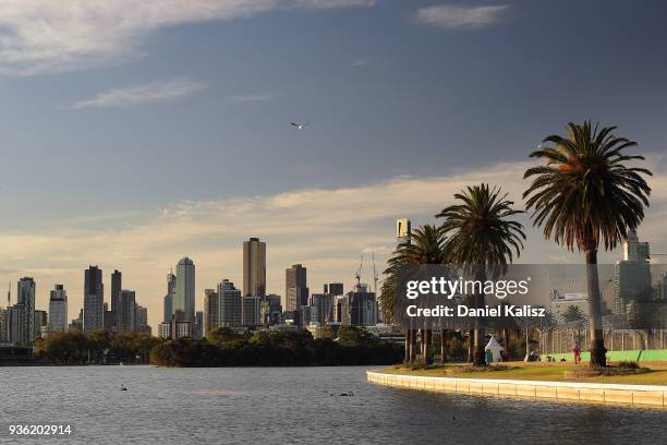 The Melbourne city skyline is pictured from Albert Park lake during the Supercars Australian Grand Prix round at Albert Park on March 22, 2018 in...