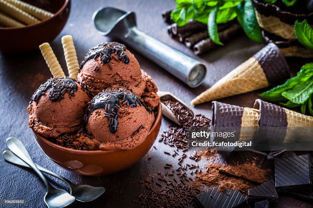 Chocolate ice cream in a glass cup