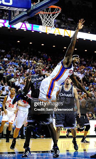 Al Harrington of the New York Knicks loses the ball during the game against the Orlando Magic at Amway Arena on December 2, 2009 in Orlando, Florida....