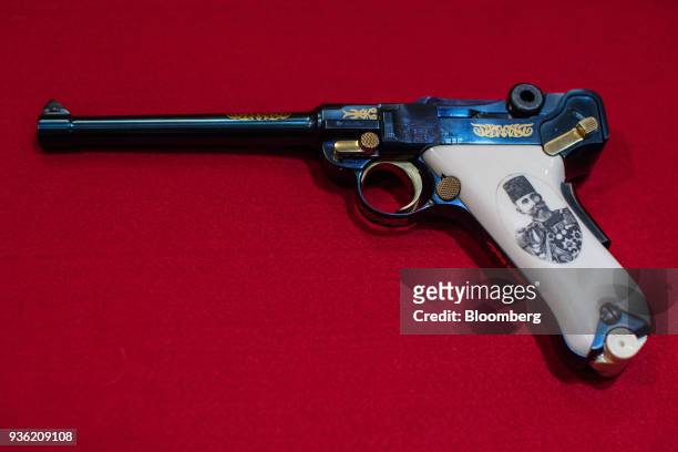 Special edition 140,000 Euro "Shevket Pascha" Turkish armed forces Mauser Parabellum P08 pistol, with an engraving by Tompeter & Ritchi, is displayed...