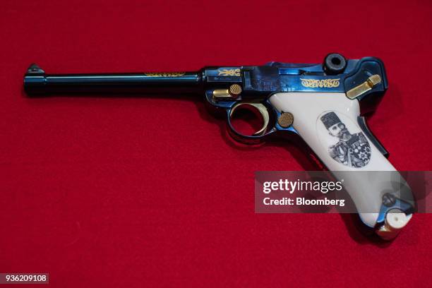 Special edition 140,000 Euro "Shevket Pascha" Turkish armed forces Mauser Parabellum P08 pistol, with an engraving by Tompeter & Ritchi, is displayed...