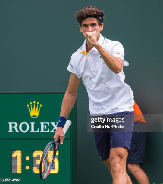 Pierre-Hugues Herbert, from France, celebrates his first round victory against Taylor Fritz from the USA, in Miami, on March 21, 2018.