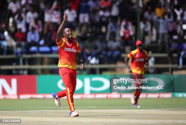 Tendai Chatara of Zimbabwe celebrates the wicket of Ashfaq Ahmed of the UAE during The ICC Cricket World Cup Qualifier between the UAE and Zimbabwe...