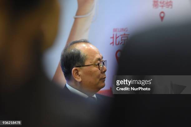 Chinese's Ambassador to Mexico Qiu Xiaoaqui is seen during a press conference to announce the new flight Beijing-Mexico of the Hainan airline on...