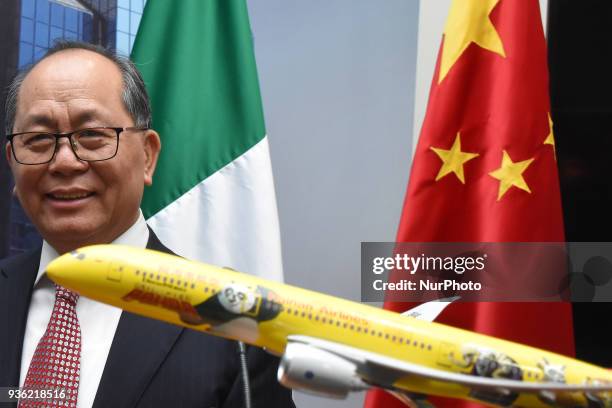 Chinese's Ambassador to Mexico Qiu Xiaoaqui is seen during a press conference to announce the new flight Beijing-Mexico of the Hainan airline on...