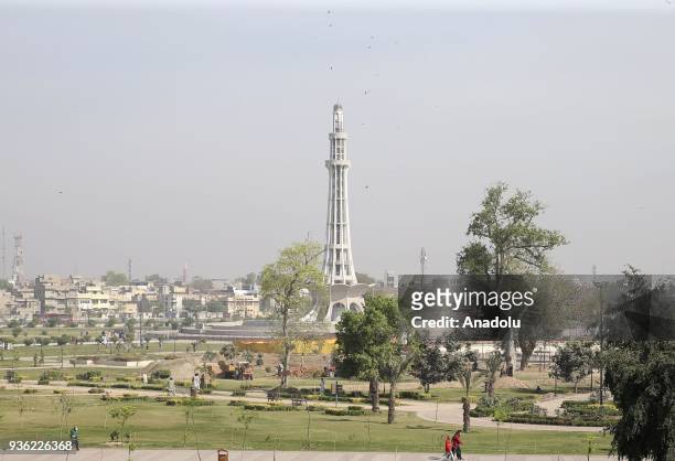 The Minar-e-Pakistan is seen at Iqbal Park in Islamabad, Pakistan on March 18, 2018. Minar-e-Pakistan, also known as Pakistan Tower is one of the...
